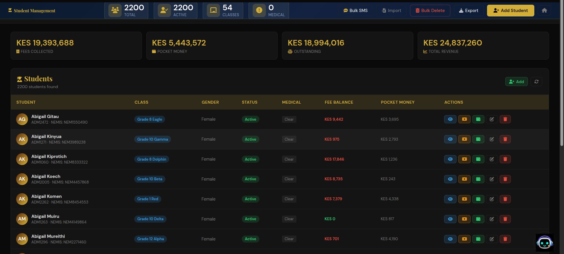 Student Management β 2200 students, NEMIS, fee balances, bulk actions